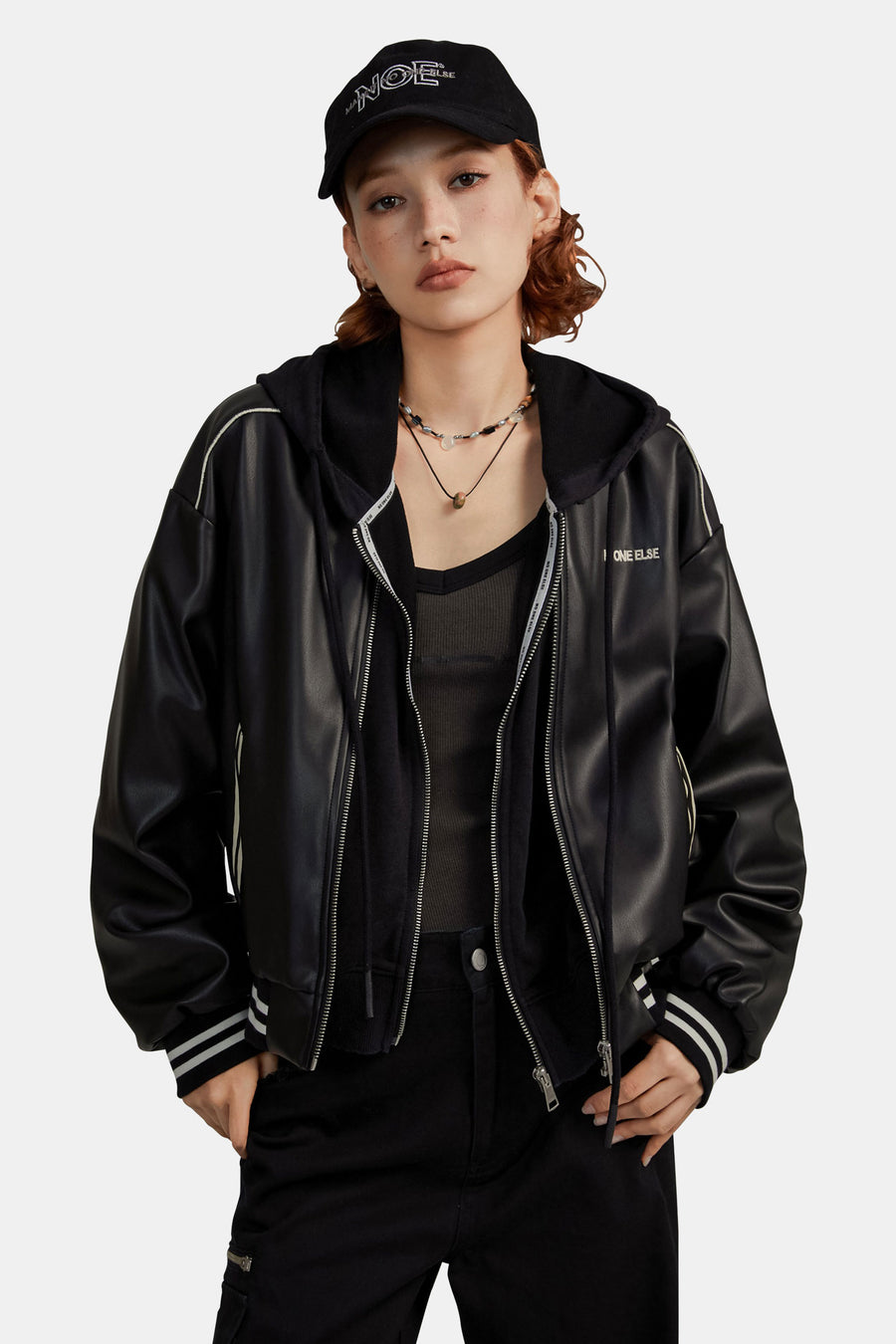 CHUU Varsity Leather Zip-Up Jacket
