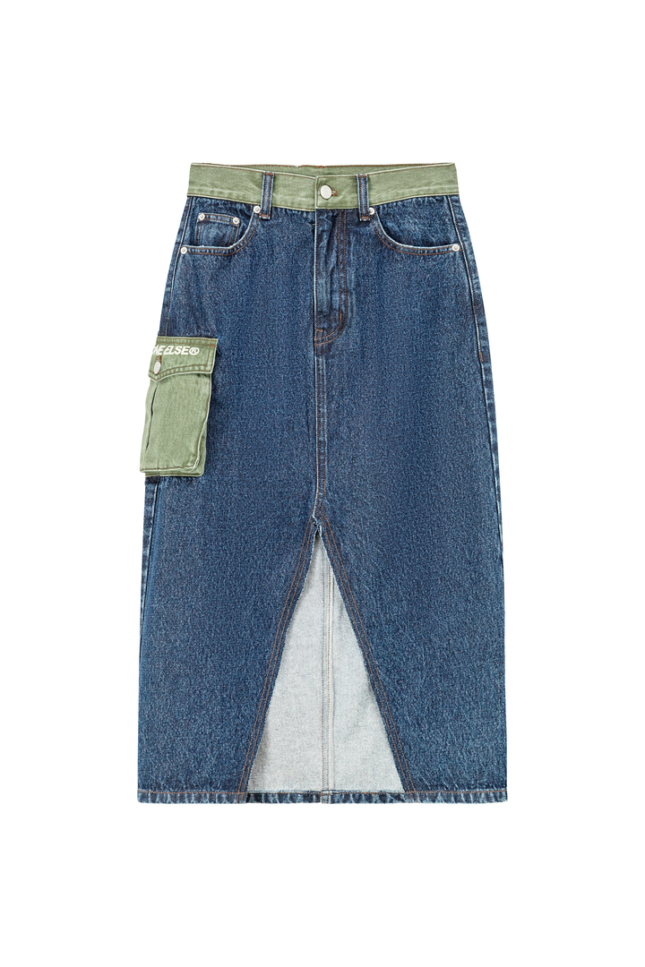 Pop Of Color Pocket Slit Long Denim Skirt