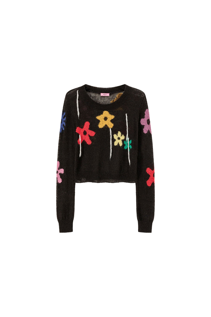 Colorful Flowers Crop Knit Sweater