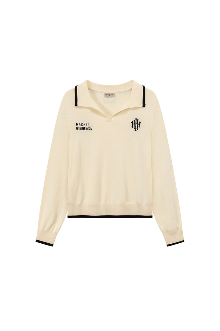Lettering Open Collar Knit Sweater