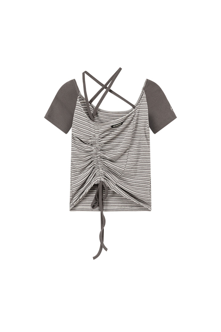Halter Neck String Striped Shirring T-Shirt
