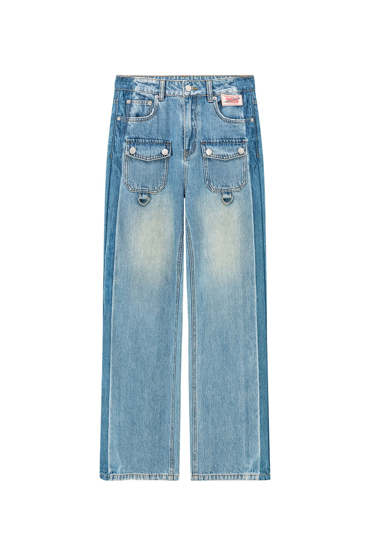 Front Pocket Design Wide Straight Denim Jeans