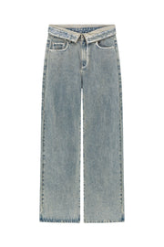 Folded Waist Collar Washed Wide Jeans
