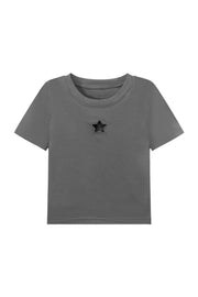Basic Star Cut Out Short Sleeve Cropped T-Shirt