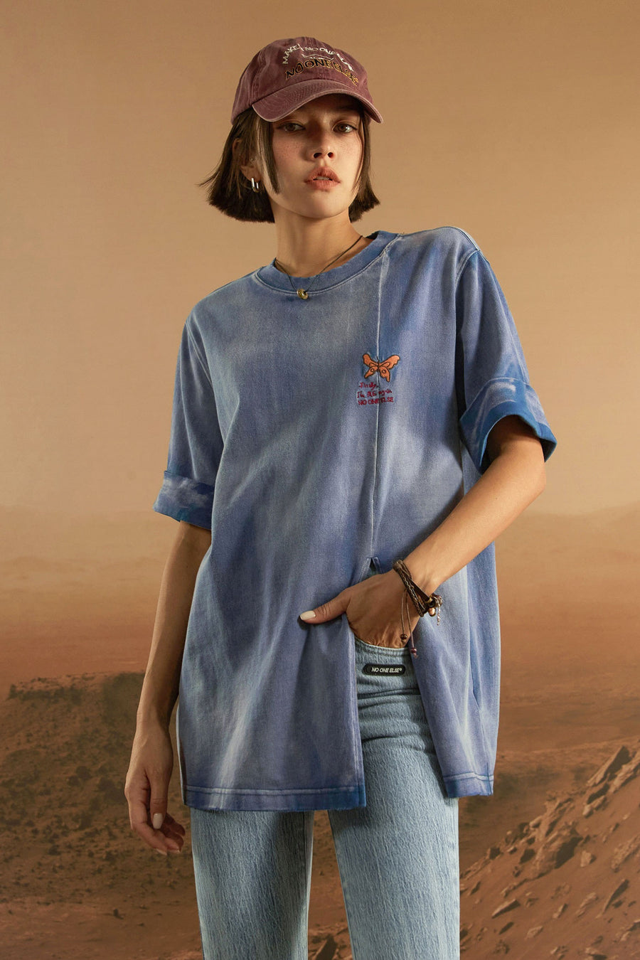 Slit Butterfly Embroidered T-Shirt