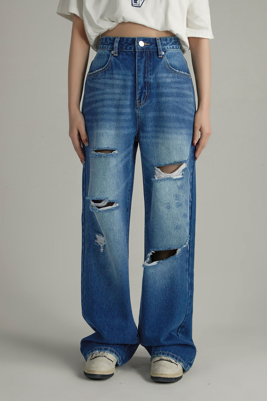Distressed Straight Wide-Leg Denim Jeans