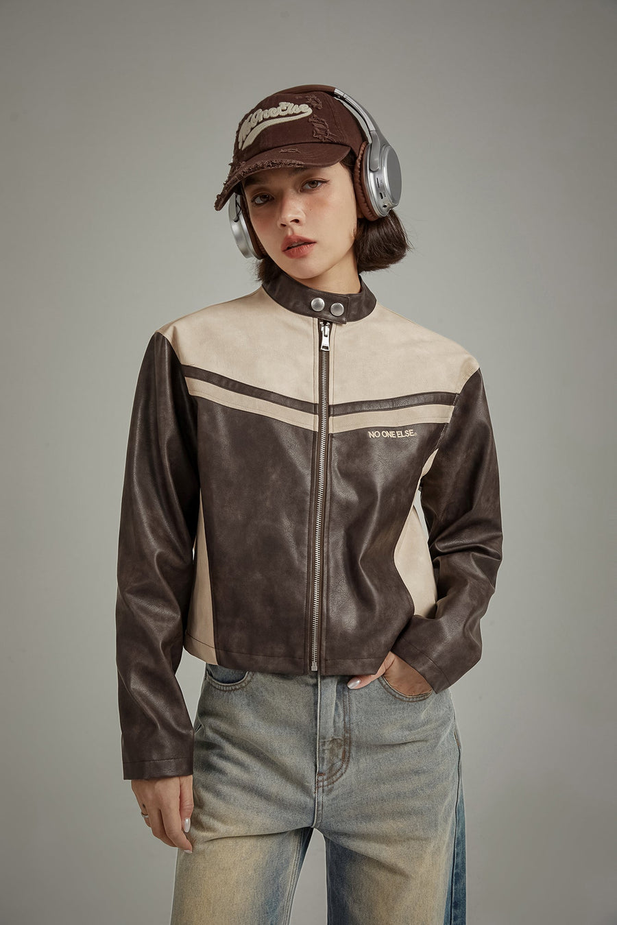 CHUU Color Combination Leather Jacket