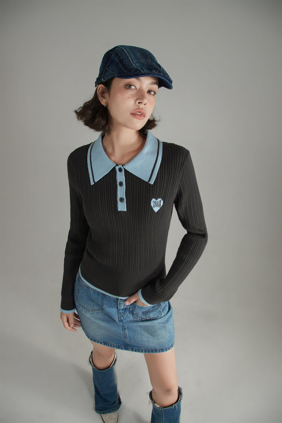 CHUU Polo Neck Color Combination Knit Top