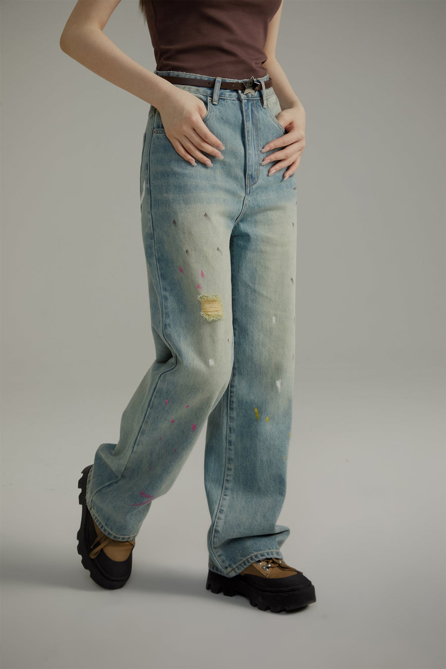 Painted On Wide Washed Denim Jeans