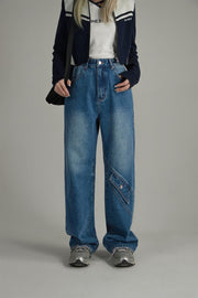 Knee Pocket Washed Wide Straight Jeans