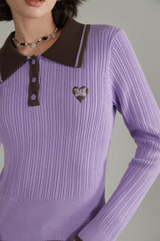 Polo Neck Color Combination Knit Top