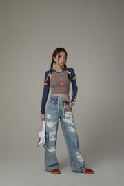 String Pocket Wide Denim Jeans