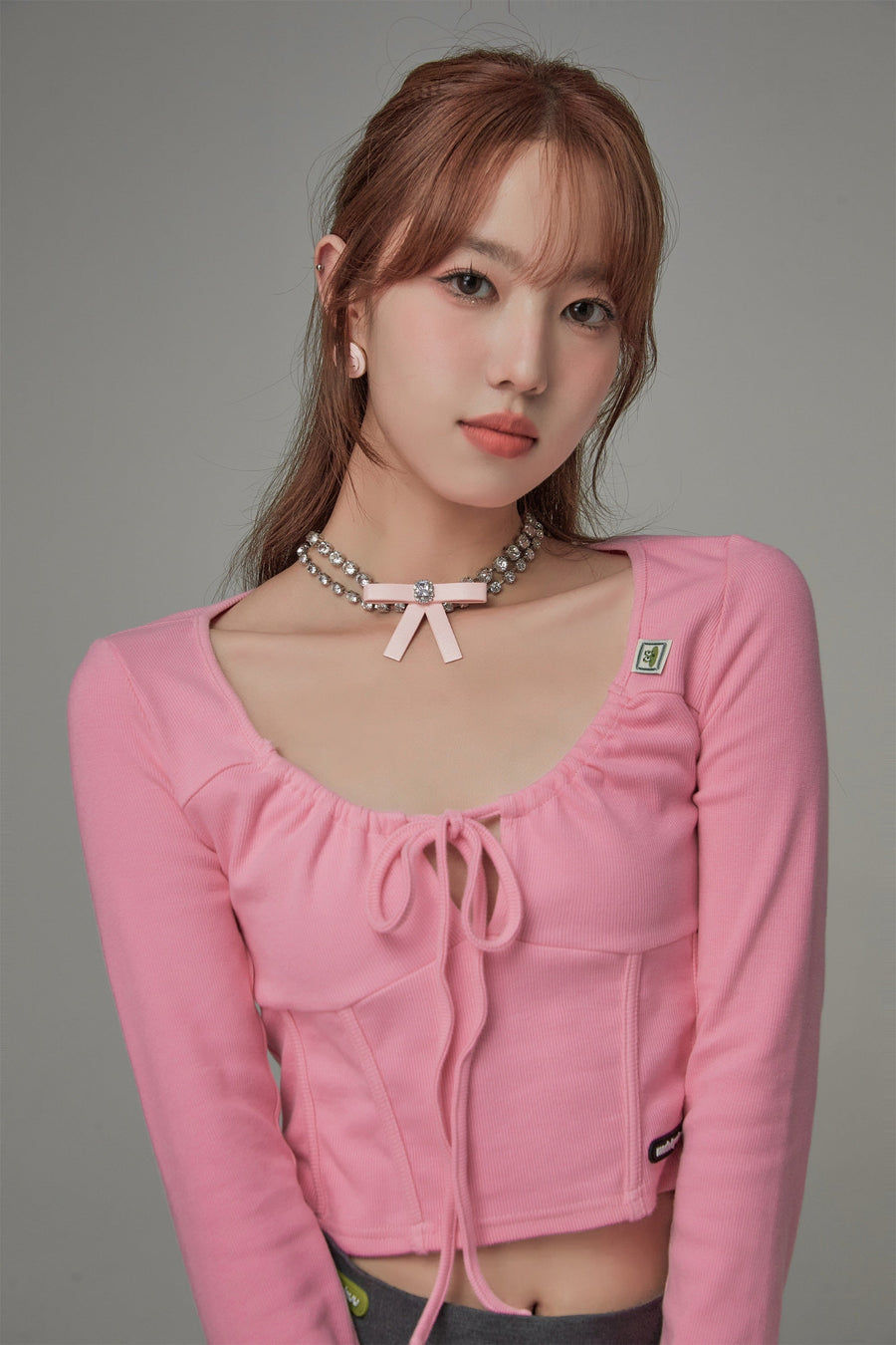 CHUU Deep Tied Round Neck Long Sleeves Top