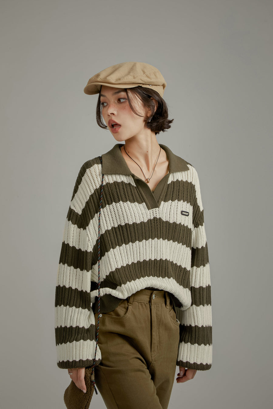 Stripe Open Collar Knit Sweater