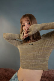 Square Neck Wrap Knit Long Sleeve Top