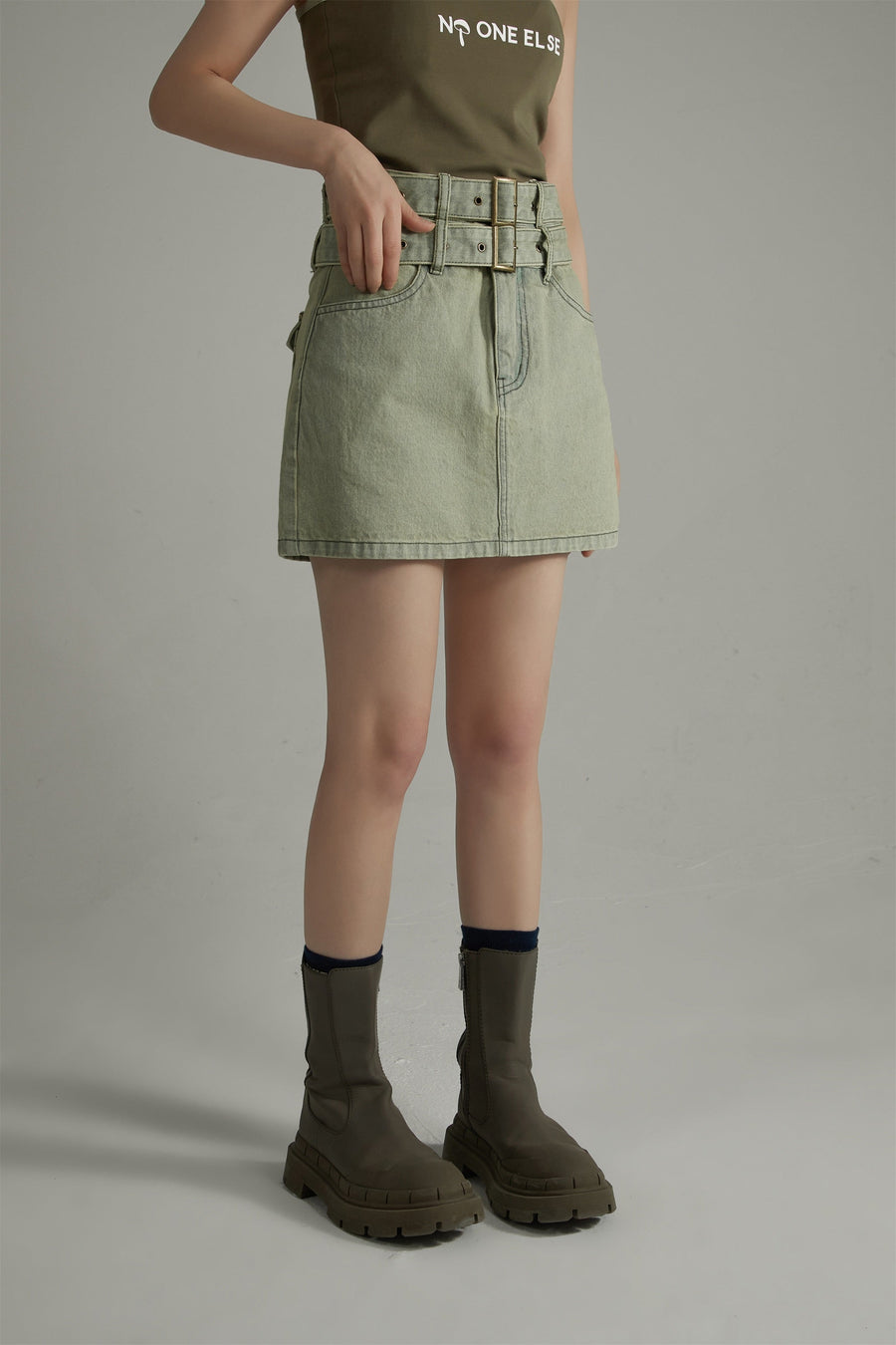 Double Belted Mini Denim Skirt