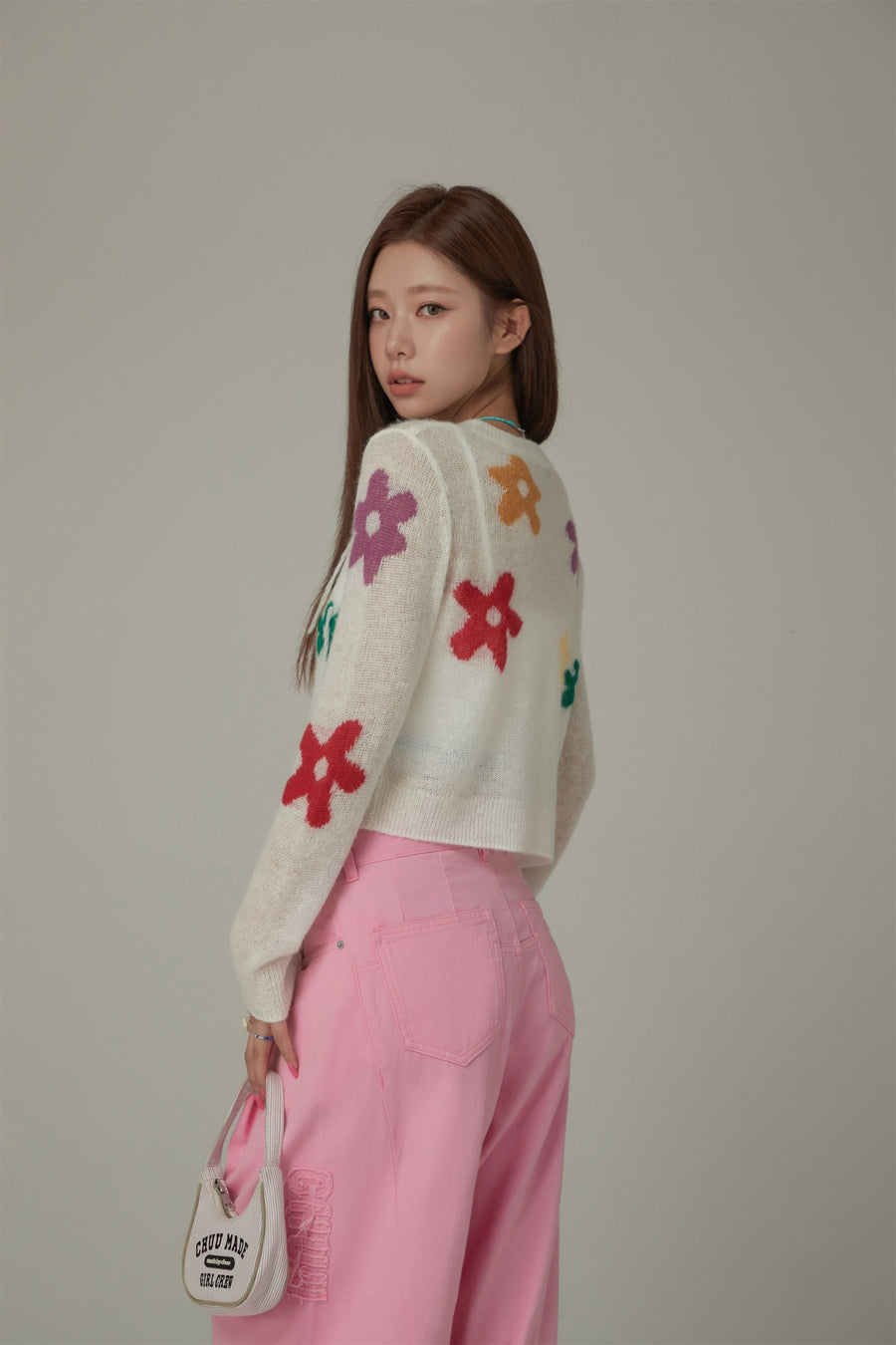 Colorful Flowers Crop Knit Sweater