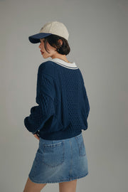 Polo Neck Color Varsity Knit Sweater