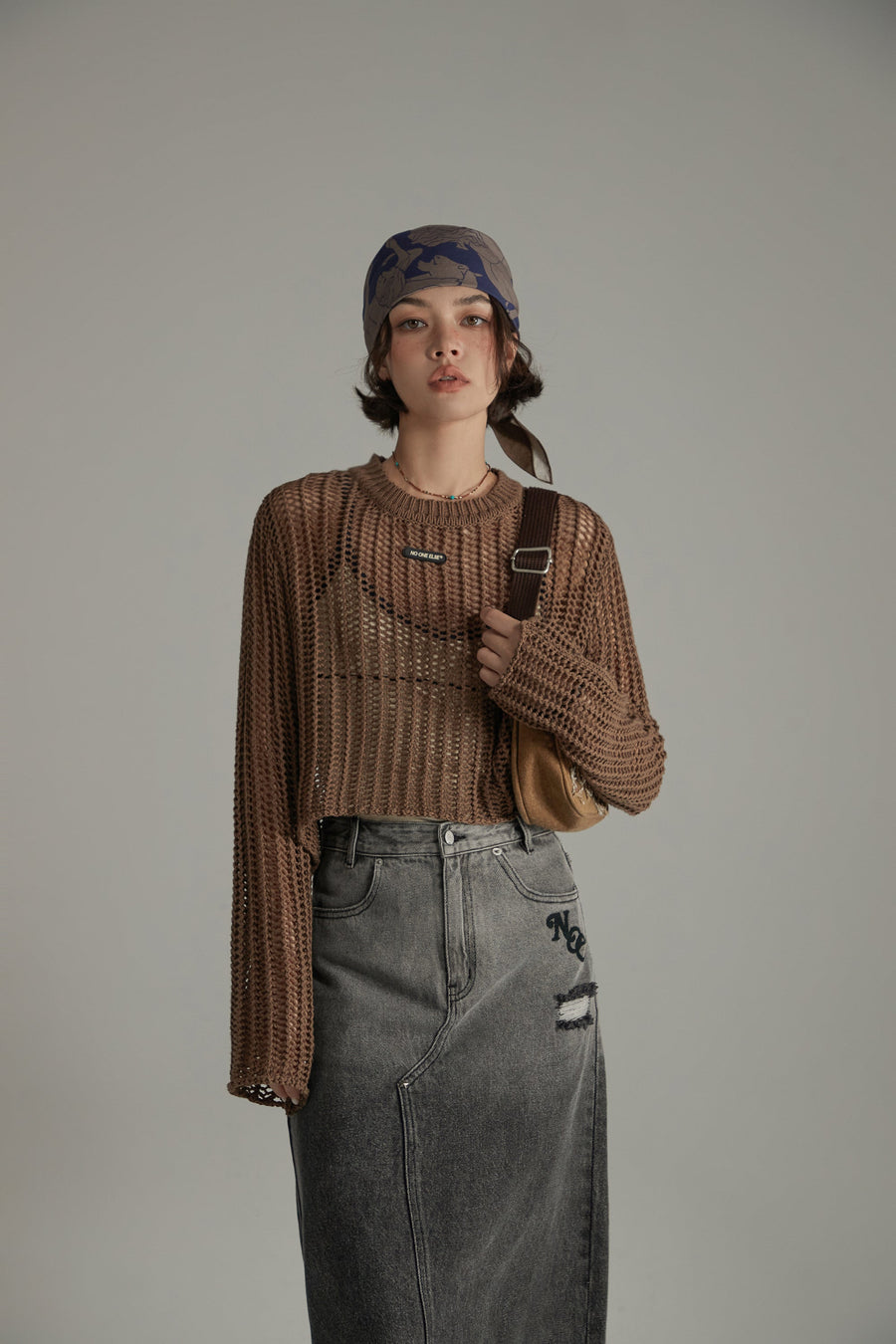 CHUU See Through Crop Knit Long Sleeve Sweater