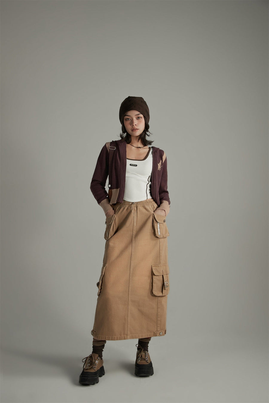 CHUU Denim Or Brown Cotton Cargo Skirt