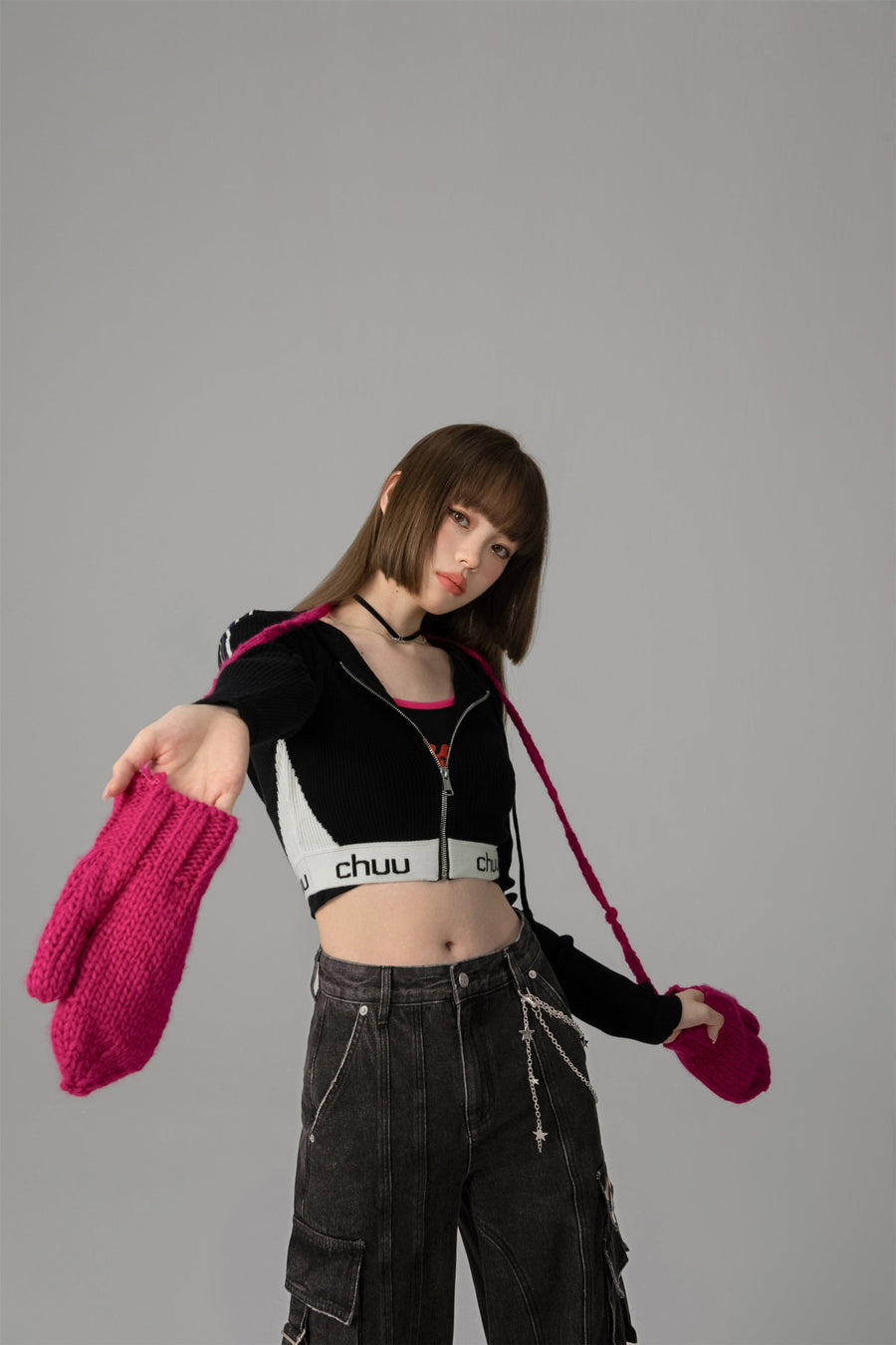 CHUU Knit Hooded Crop Zip-Up Cardigan