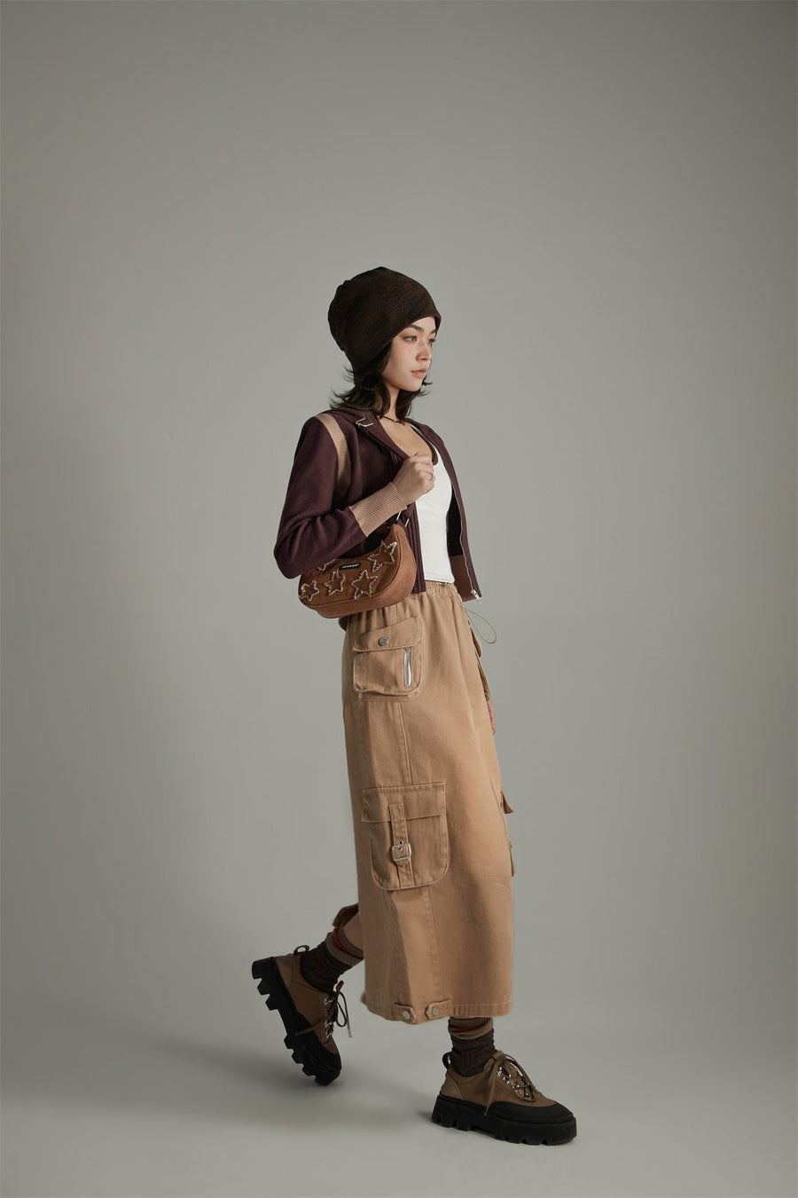 Denim Or Brown Cotton Cargo Skirt
