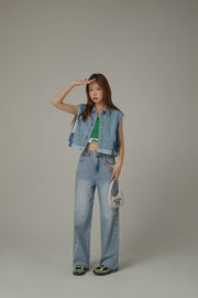 Colorful Heart Embroidered Denim Straight Wide Jeans