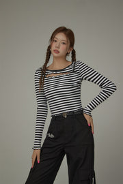 Chest Cutout Frill Long Sleeves Striped Top