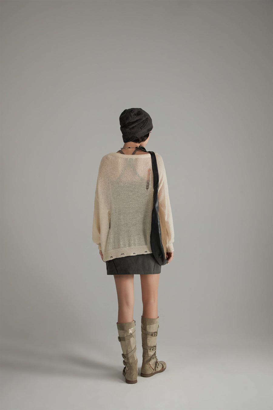 Distressed Ripped Thin Long Sleeved Knit Sweater