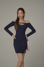 Slit Halter Neck Basic Long Sleeve Mini Dress