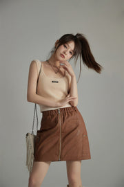 Zip-Up Leather A-Line Skirt