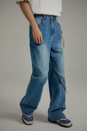 Knee Pocket Washed Wide Straight Jeans