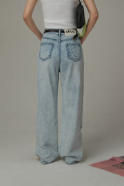 Star Cut Out Light Wash Straight Denim Jeans