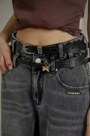 Two Layer Belt Loops Wide Denim Jeans