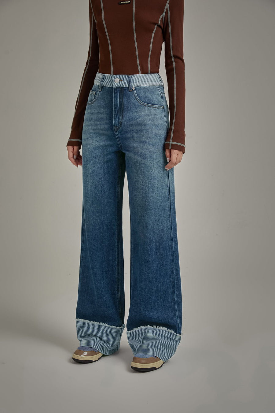 Roll Up Frayed Hem Wide Denim Jeans