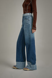 Roll Up Frayed Hem Wide Denim Jeans