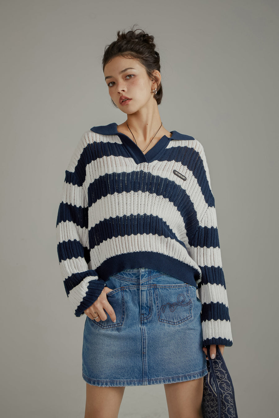 CHUU Stripe Open Collar Knit Sweater
