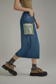Pop Of Color Pocket Slit Long Denim Skirt