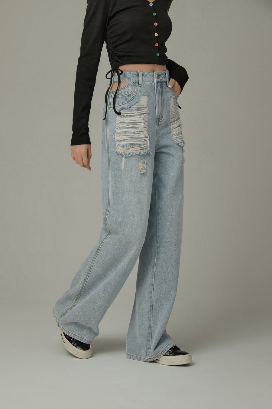 CHUU Side Slit Distressed Ripped Baggy Denim Jeans