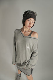 V-Neck Lined Loose Fit Knit Sweater