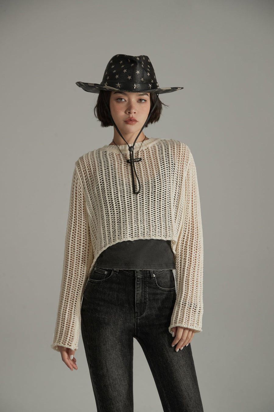See Through Crop Knit Long Sleeve Sweater
