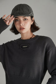 Distressed Logo Solid Crop Knit Sweater