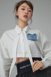 Heart Denim Pocket White Crop Shirt