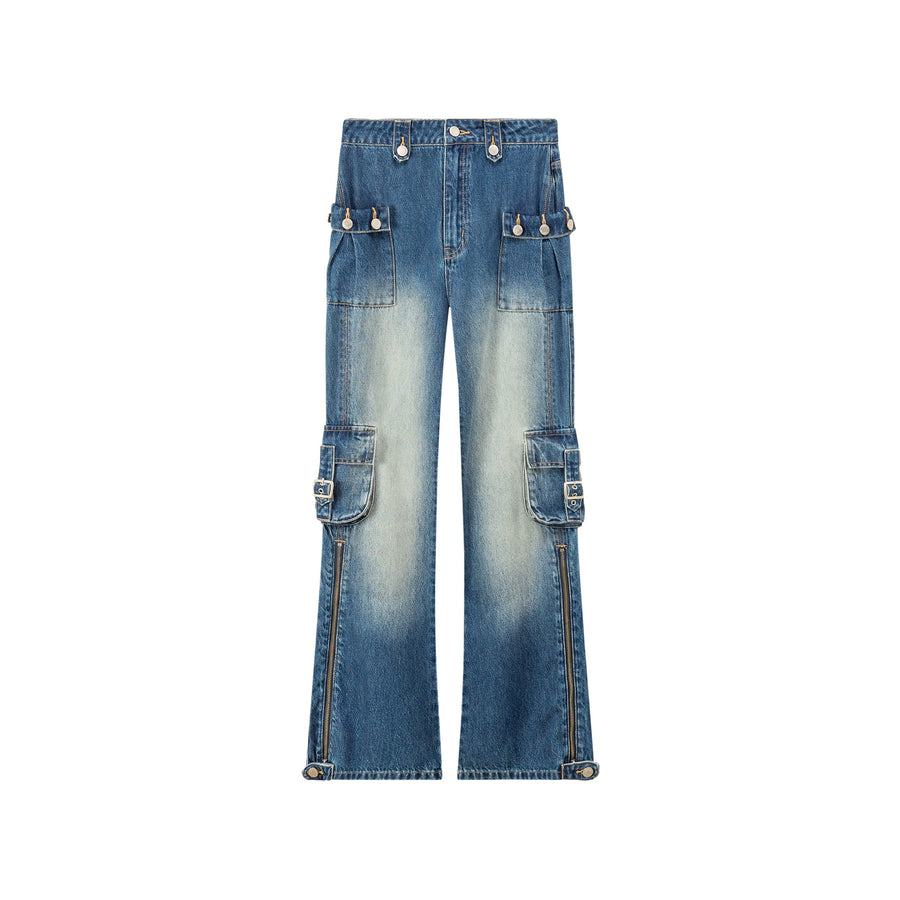 Zipper Cargo Wide Straight Jeans