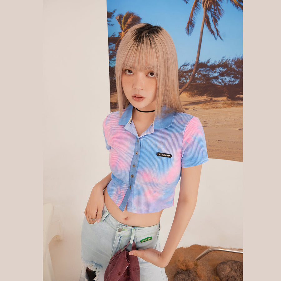 Tie-Dye Polo Buttoned Crop Top